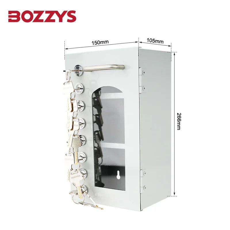 OSHA Compliant LOTO key box, white metal, multiple locks and keys, by BOZZYS Factory