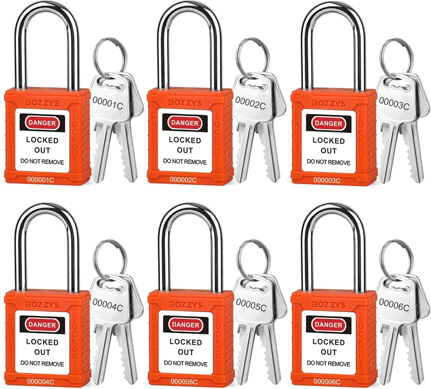 OSHA compliant LOTO safety padlocks, orange plastic body, steel shackle, by BOZZYS Factory