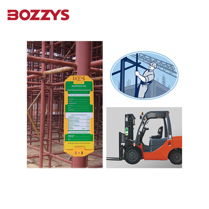 OSHA Compliant LOTO scaffold tag, durable yellow plastic, safety signage by BOZZYS Factory
