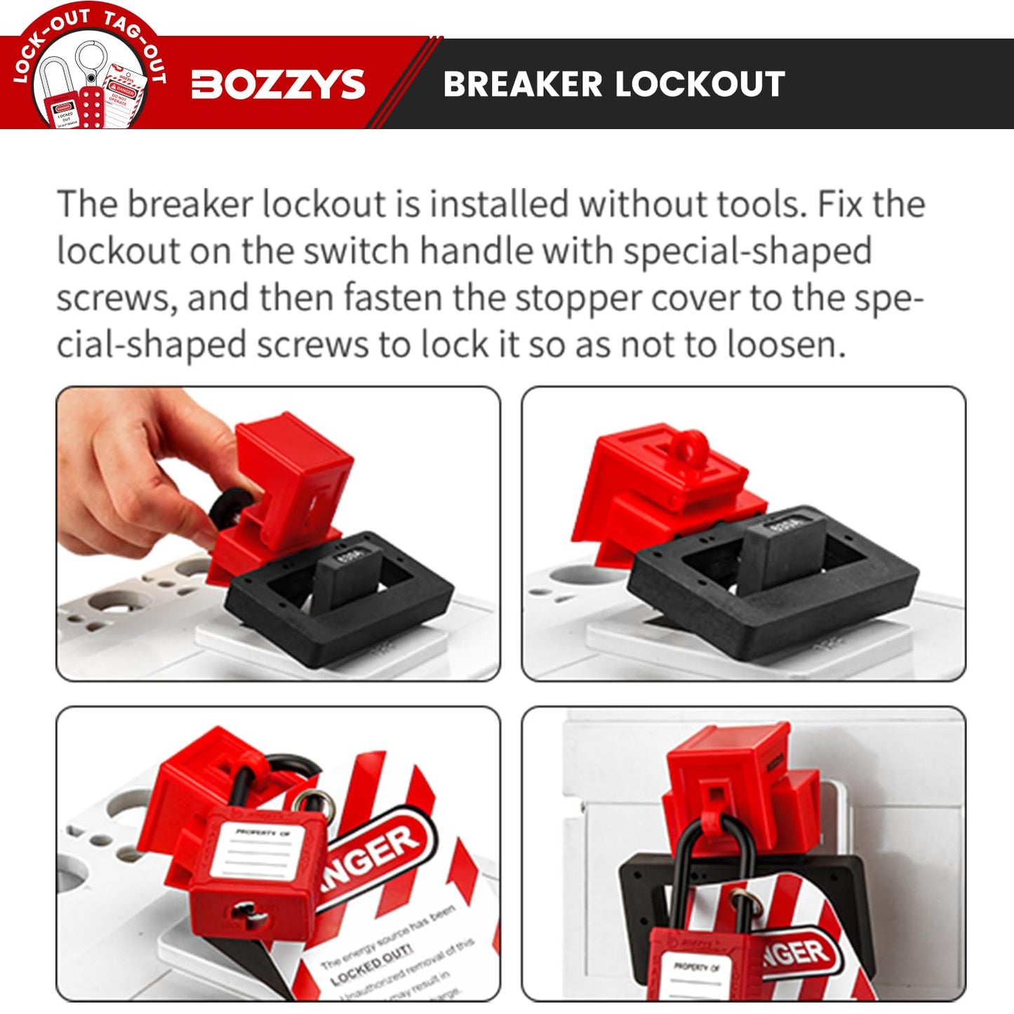 OSHA Compliant LOTO breaker lockout, red and black plastic device, in use, by BOZZYS Factory