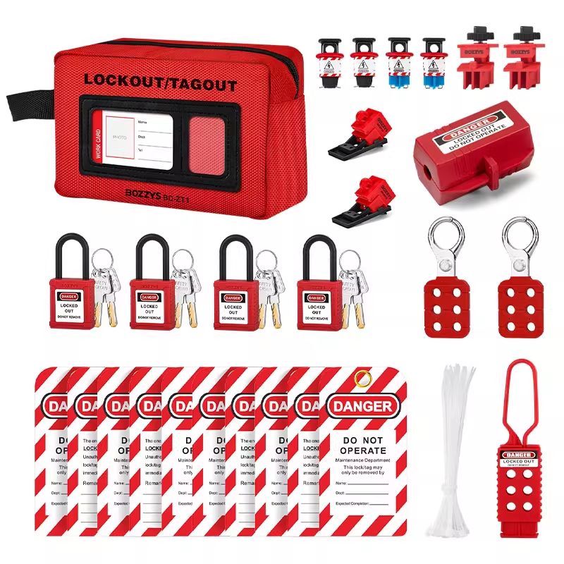 27-piece portable LOTO kit, OSHA compliant electrical safety set with belt pouch, BOZZYS
