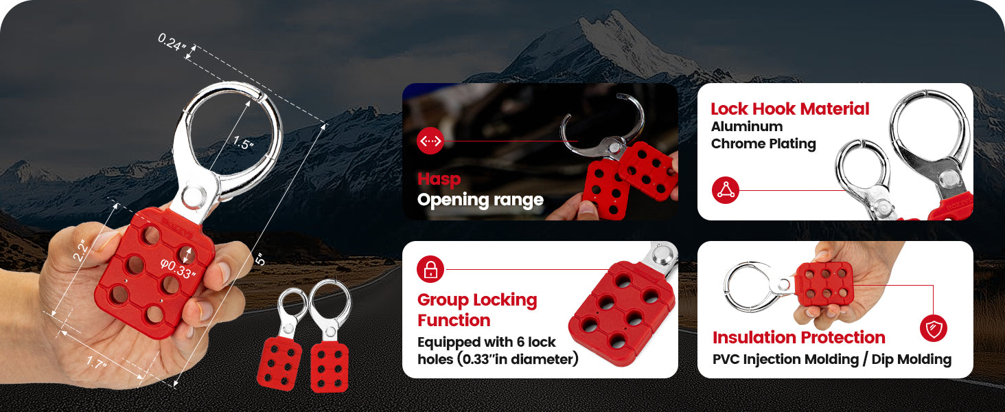 OSHA Compliant LOTO safety lockout hasp, red PVC and aluminum, 6-hole group locking by BOZZYS Factory