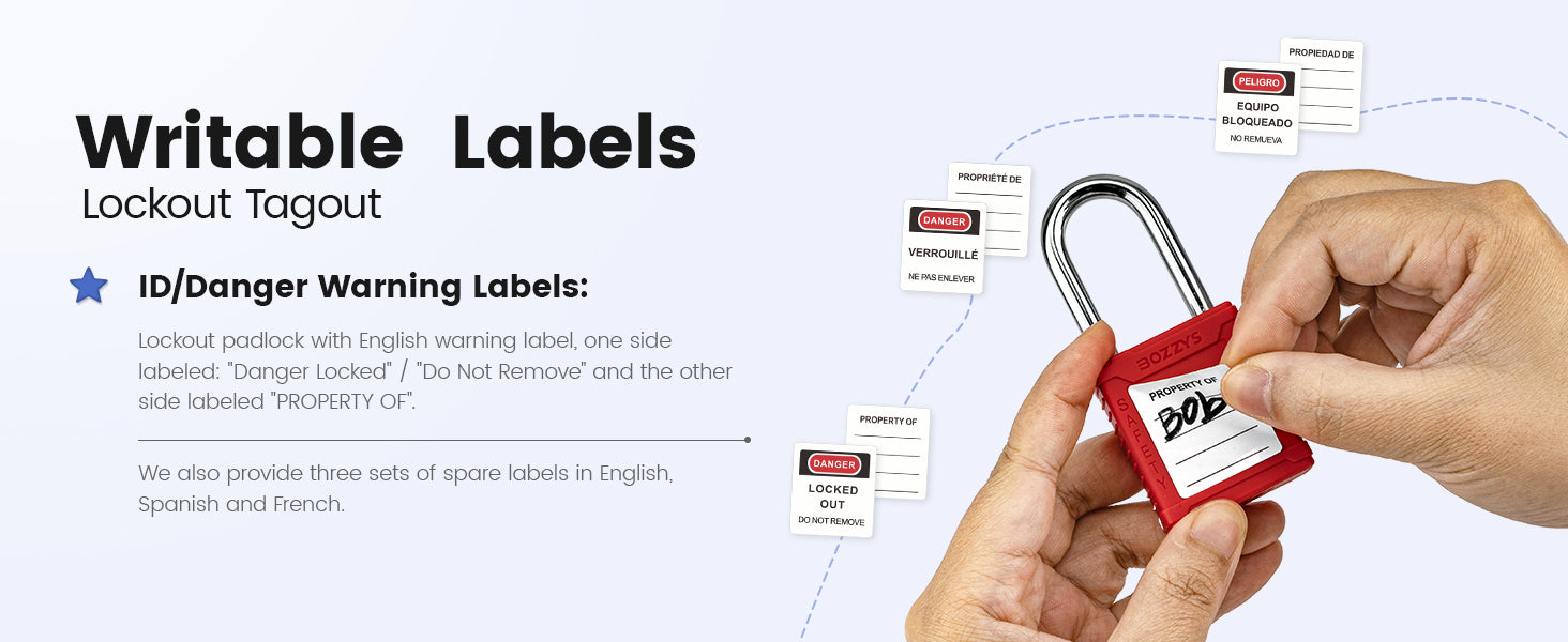 OSHA Compliant LOTO red safety padlock with writable label, plastic body, by BOZZYS Factory