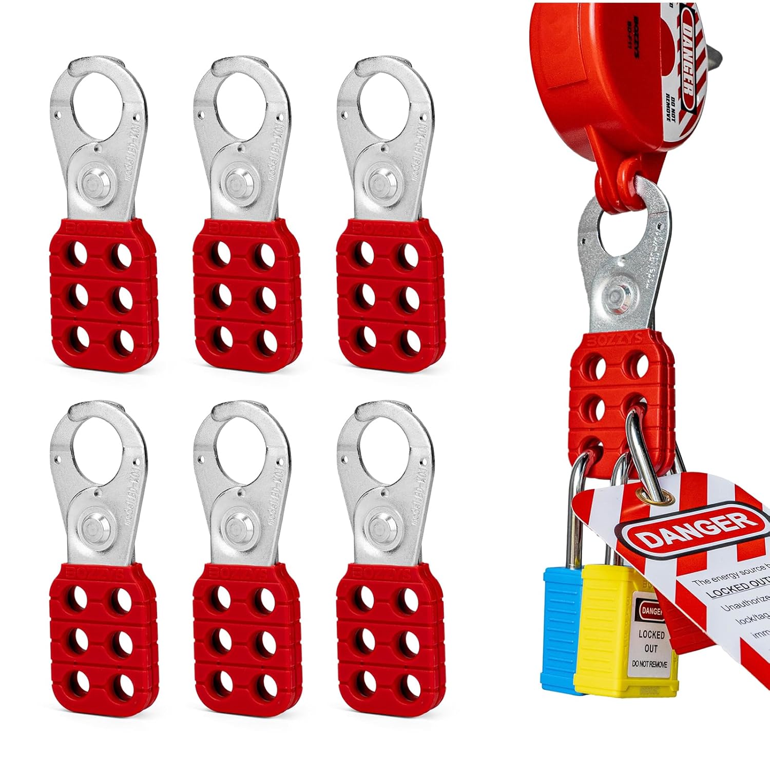 OSHA Compliant LOTO lockout hasp, metal and red plastic, by BOZZYS Factory