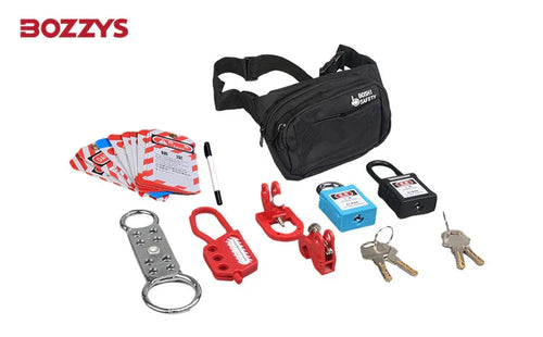 OSHA Compliant LOTO kit with safety padlocks, tags, red hasps, and black carrying bag by BOZZYS Factory.