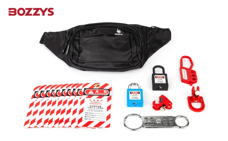 OSHA Compliant LOTO kit with nylon safety padlocks, tags, hasp, valve lockouts, and black pouch by BOZZYS Factory