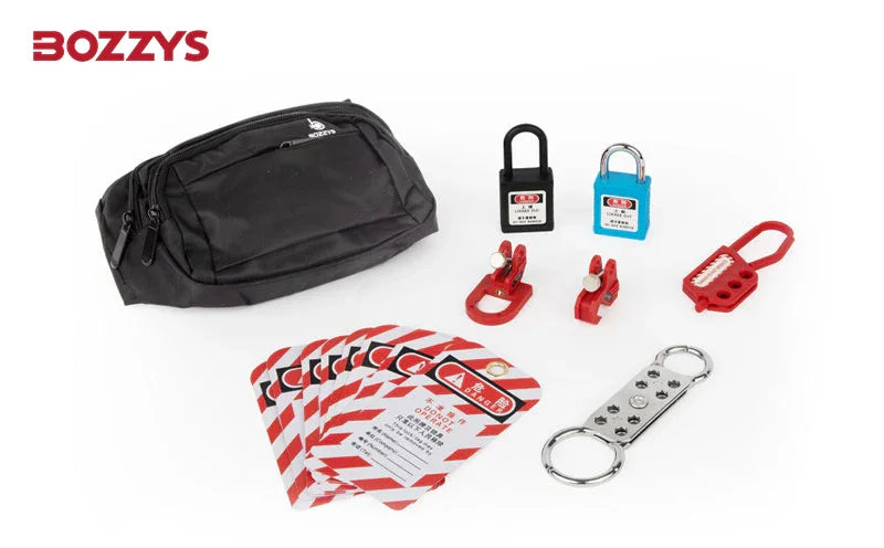 OSHA Compliant LOTO lockout kit with safety padlocks, tags, hasp, and red lockouts by BOZZYS Factory
