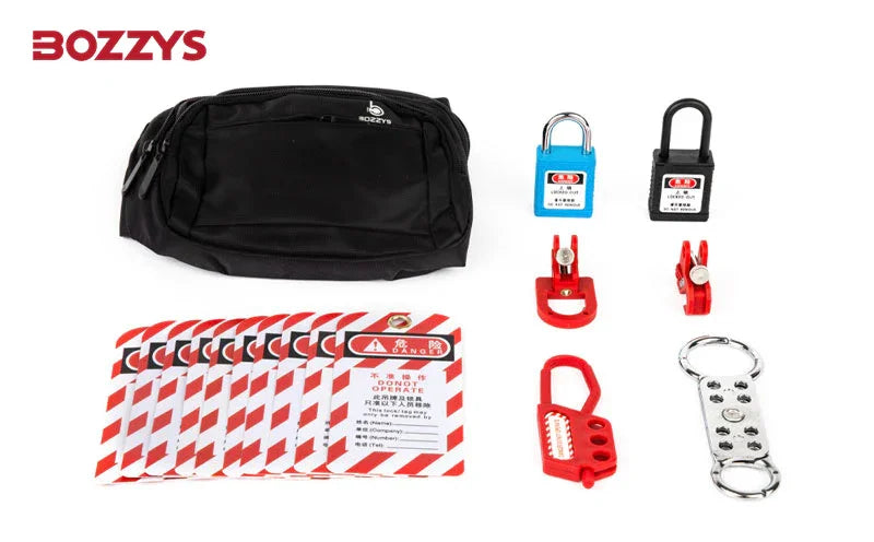 OSHA Compliant LOTO safety kit with red and black lockout devices, safety padlocks, tags, and metal hasp by BOZZYS Factory