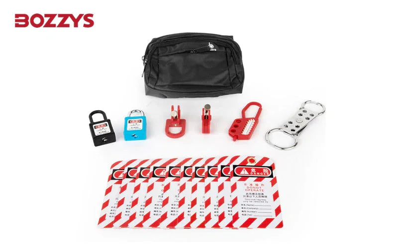 OSHA Compliant LOTO kit with safety padlocks, hasps, lockout devices, tags, and carrying bag by BOZZYS Factory