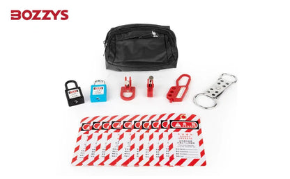 OSHA Compliant LOTO kit with safety padlocks, hasps, lockout devices, tags, and carrying bag by BOZZYS Factory