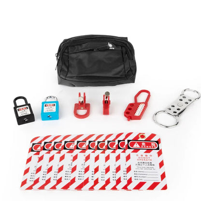 OSHA Compliant LOTO lockout kit with safety padlocks, red plastic hasps, tags, and black carrying pouch by BOZZYS Factory