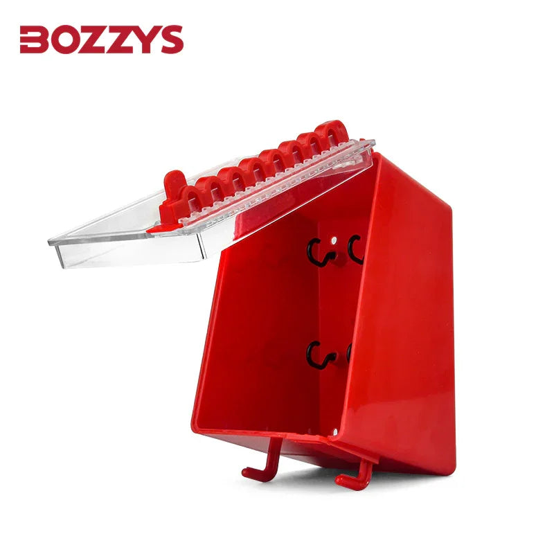 OSHA Compliant LOTO red plastic lockout box with clear lid by BOZZYS Factory