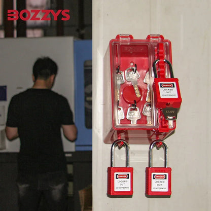 OSHA Compliant LOTO red plastic group lockout box with safety padlocks by BOZZYS Factory