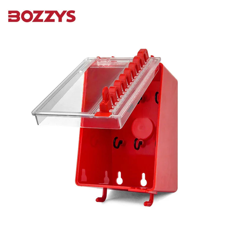 OSHA Compliant LOTO group lock box, red plastic with clear cover, by BOZZYS Factory