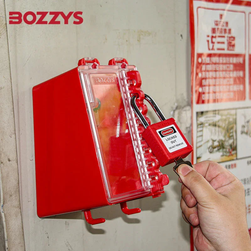 OSHA Compliant red LOTO lockout box with red plastic padlock by BOZZYS Factory