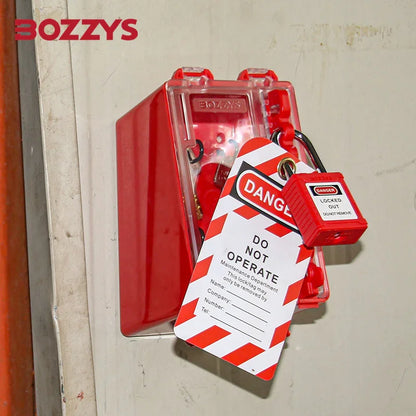 OSHA Compliant LOTO red plastic lockout box with red safety padlock and warning tag by BOZZYS Factory