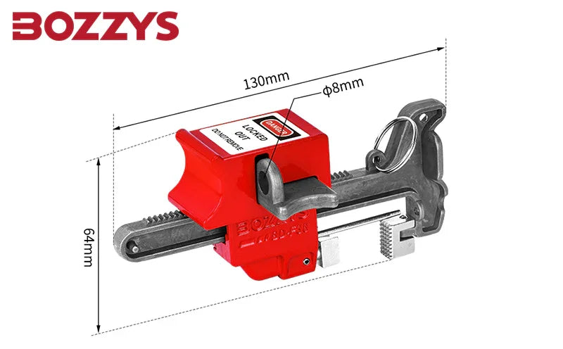 OSHA Compliant LOTO valve lockout, red metal, with size dimensions by BOZZYS Factory