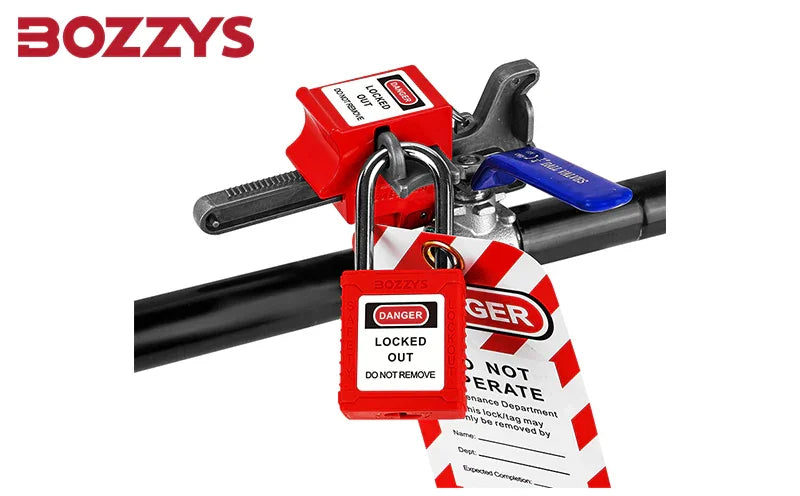 OSHA Compliant red LOTO safety padlock and valve lockout device, plastic, by BOZZYS Factory