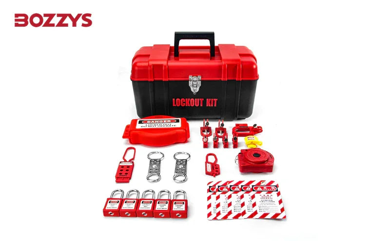 OSHA Compliant LOTO lockout kit with red plastic box, safety padlocks, tags, and hasps by BOZZYS Factory