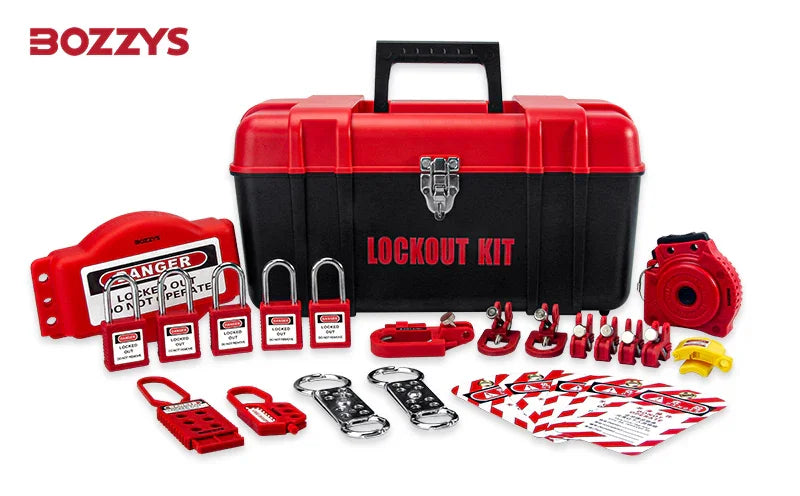 OSHA Compliant LOTO lockout kit with red safety padlocks, steel hasps, tags, plastic case by BOZZYS Factory