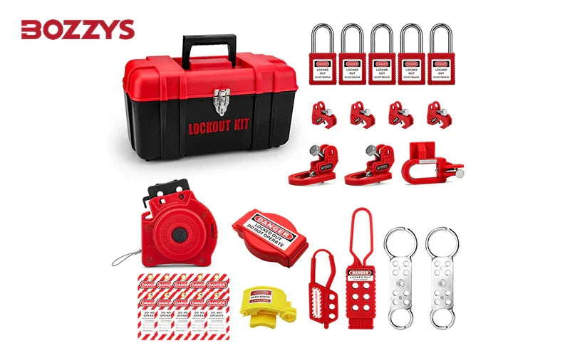 OSHA Compliant LOTO lockout kit with red safety padlocks, tags, hasps, and devices by BOZZYS Factory