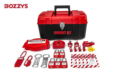 OSHA Compliant LOTO lockout kit with red safety padlocks, devices, tags, and toolbox by BOZZYS Factory