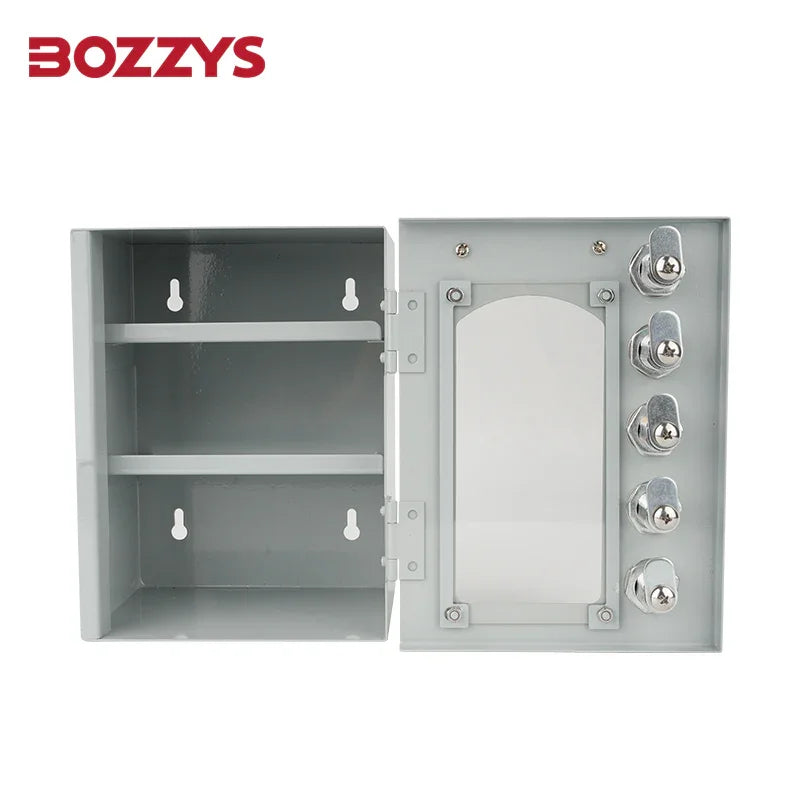 OSHA Compliant LOTO metal lock box, grey with key slots and shelves by BOZZYS Factory