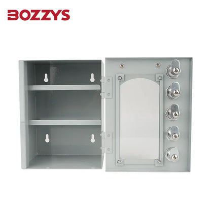OSHA Compliant LOTO metal lock box, grey with key slots and shelves by BOZZYS Factory
