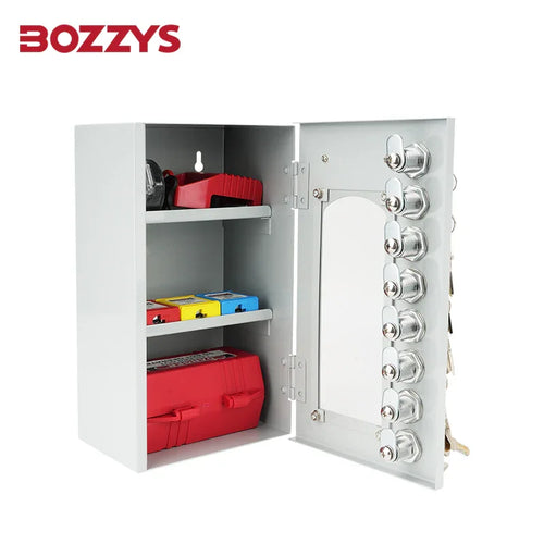 OSHA Compliant LOTO metal lockout cabinet with multiple locks and red boxes by BOZZYS Factory