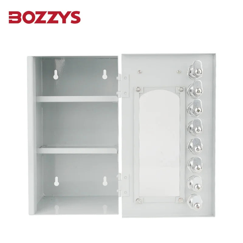 OSHA Compliant LOTO metal lockout station cabinet, white, with shelves and padlock slots by BOZZYS Factory
