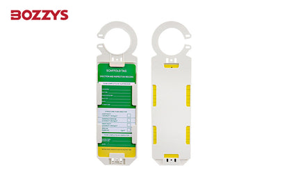 OSHA Compliant LOTO scaffold tag holder, durable white plastic with green and yellow accents by BOZZYS Factory