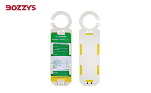 OSHA Compliant LOTO scaffold tag holder, durable white plastic with green and yellow accents by BOZZYS Factory