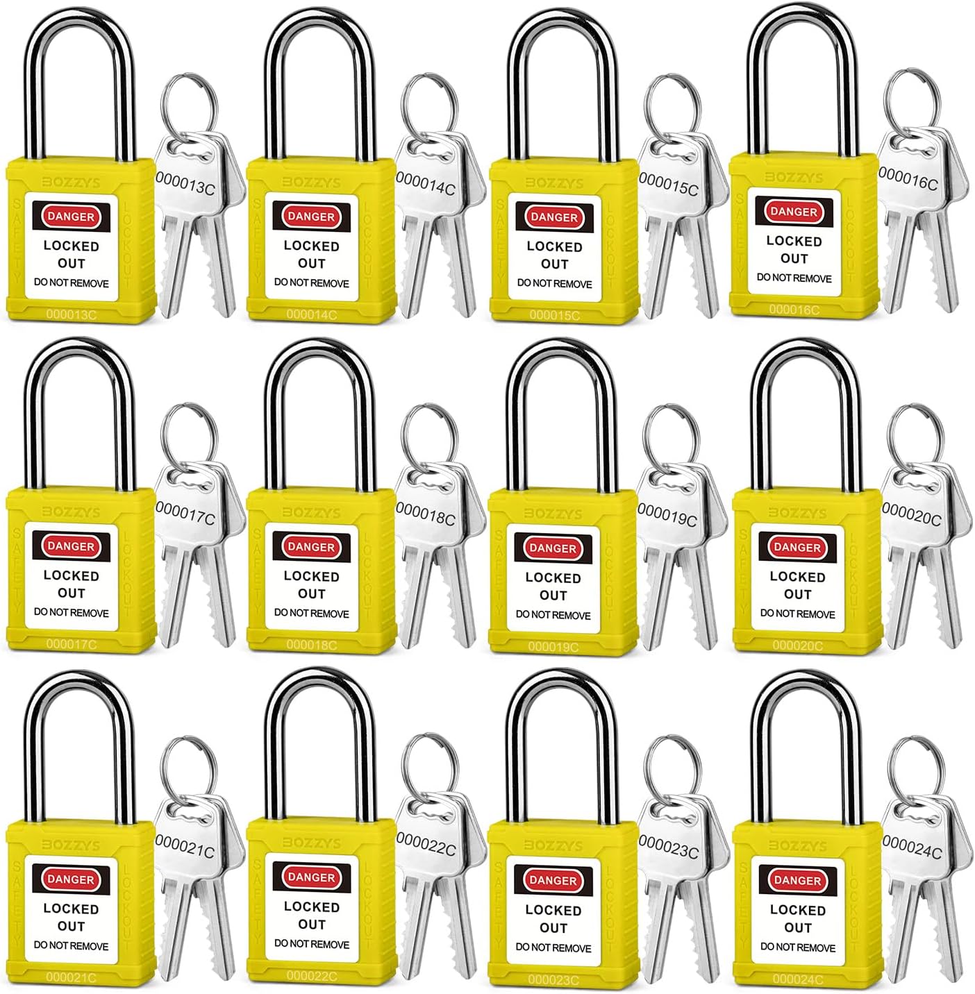 OSHA Compliant LOTO yellow safety padlocks with keys, durable plastic body, by BOZZYS Factory
