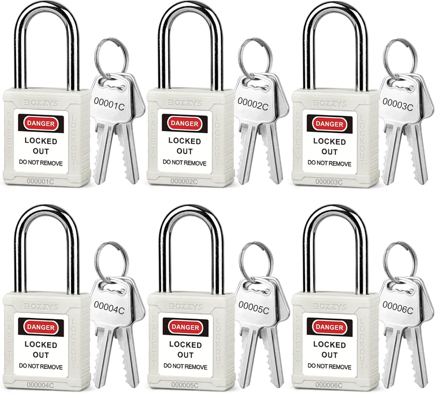 OSHA Compliant white LOTO safety padlocks set with keys, plastic body by BOZZYS Factory