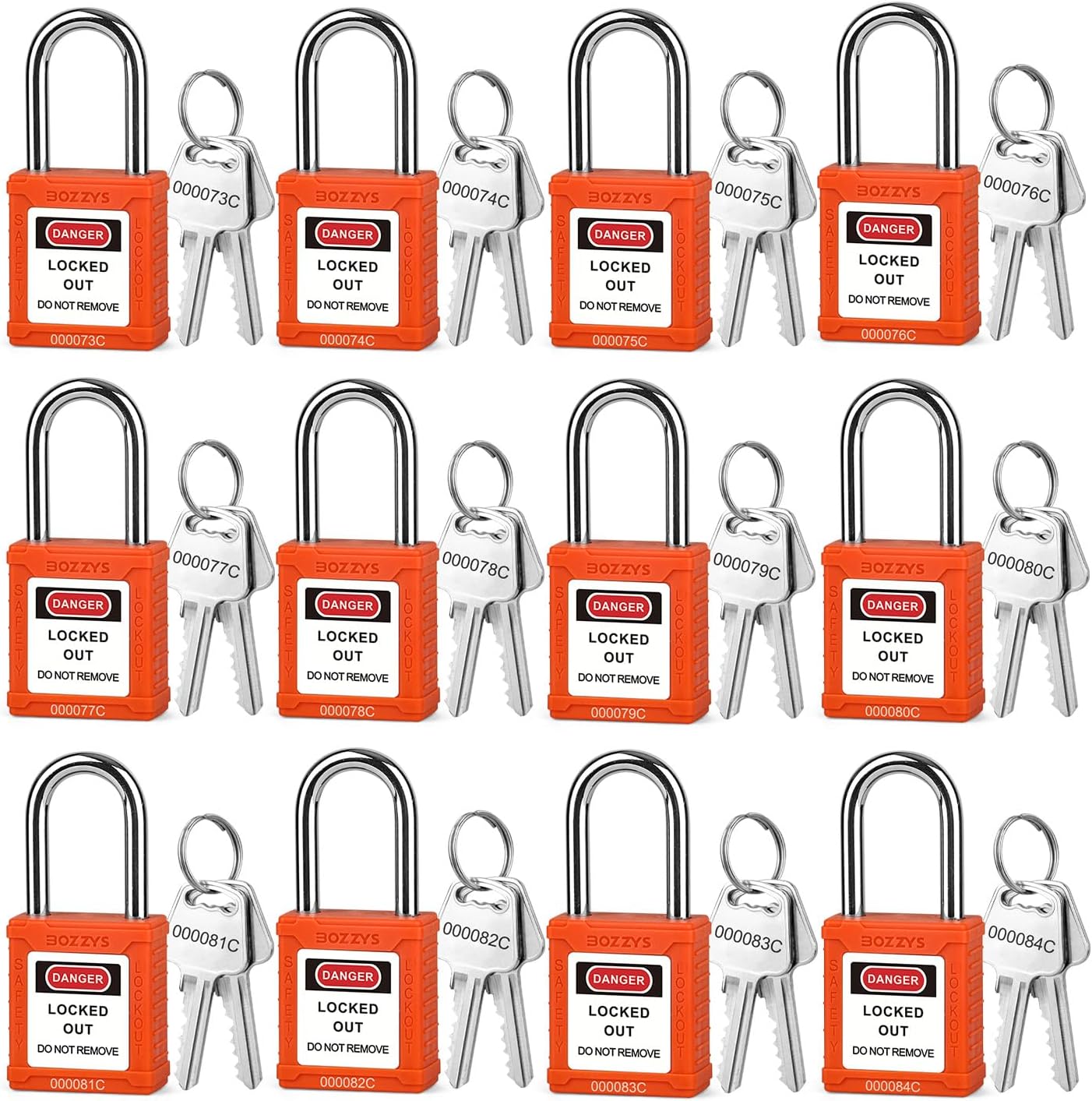 OSHA Compliant LOTO safety padlocks, orange plastic body with chrome shackle and keys, by BOZZYS Factory