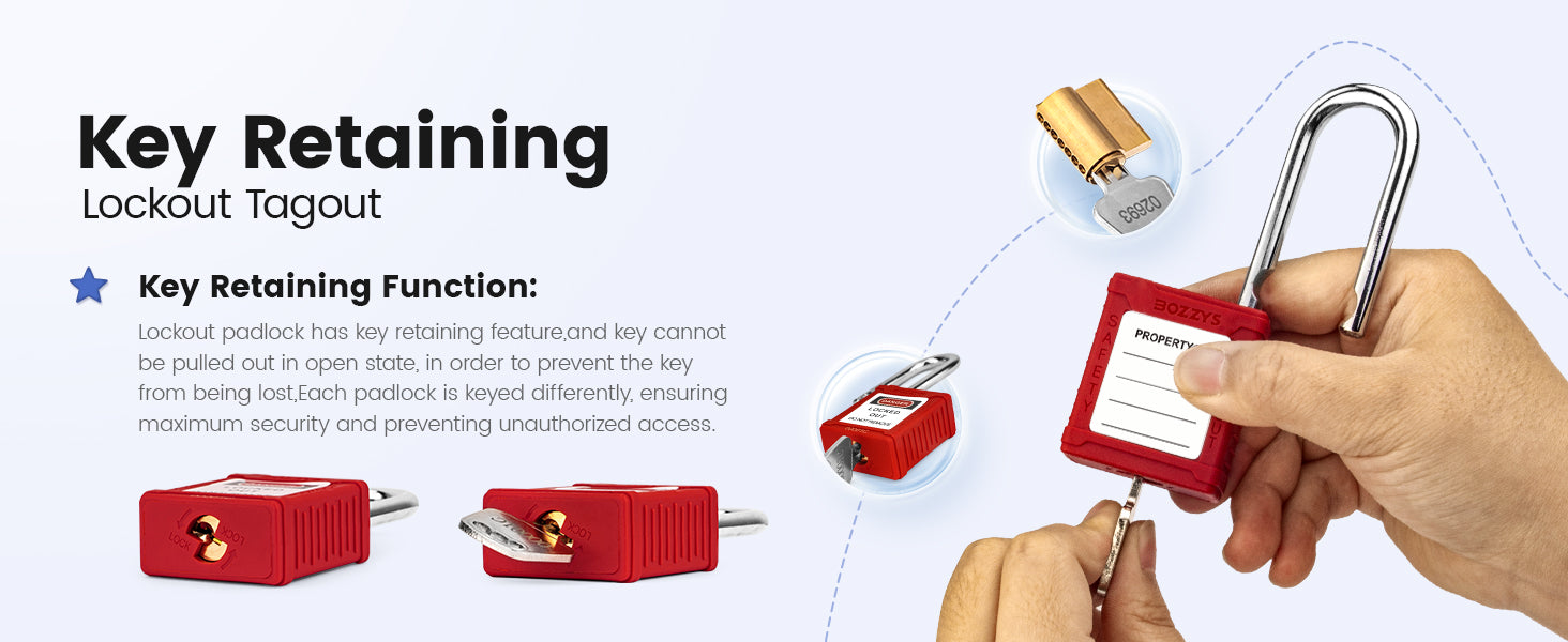 OSHA Compliant red LOTO safety padlock, plastic body, key retaining, by BOZZYS Factory