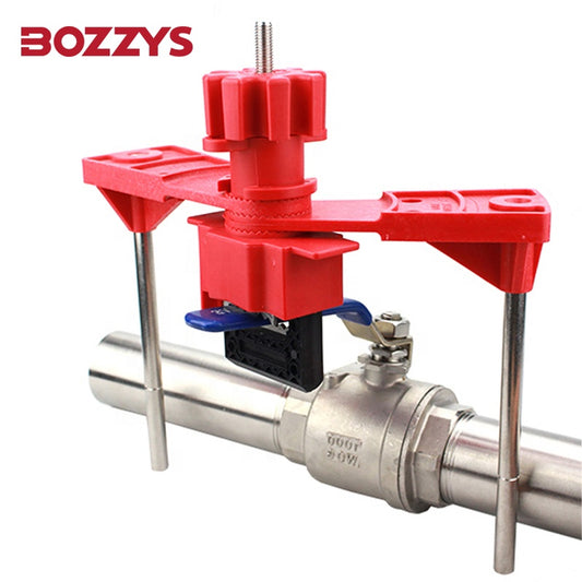 OSHA Compliant LOTO red plastic valve lockout device installed on metal pipe by BOZZYS Factory