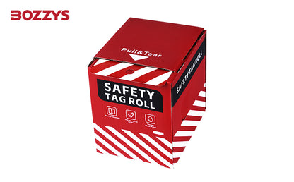 OSHA Compliant LOTO safety tag roll, red cardboard dispenser, by BOZZYS Factory
