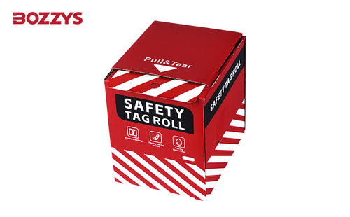 OSHA Compliant LOTO safety tag roll, red cardboard dispenser, by BOZZYS Factory