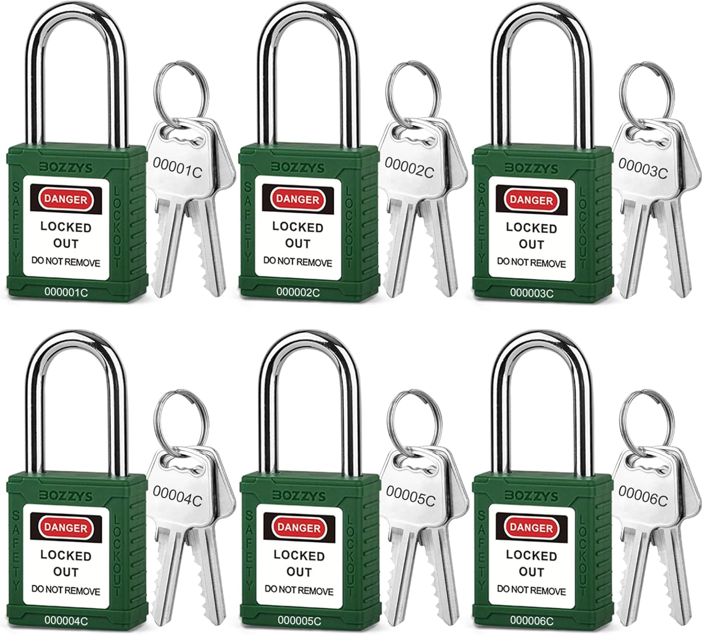 OSHA Compliant LOTO green safety padlocks with keys, plastic body, by BOZZYS Factory