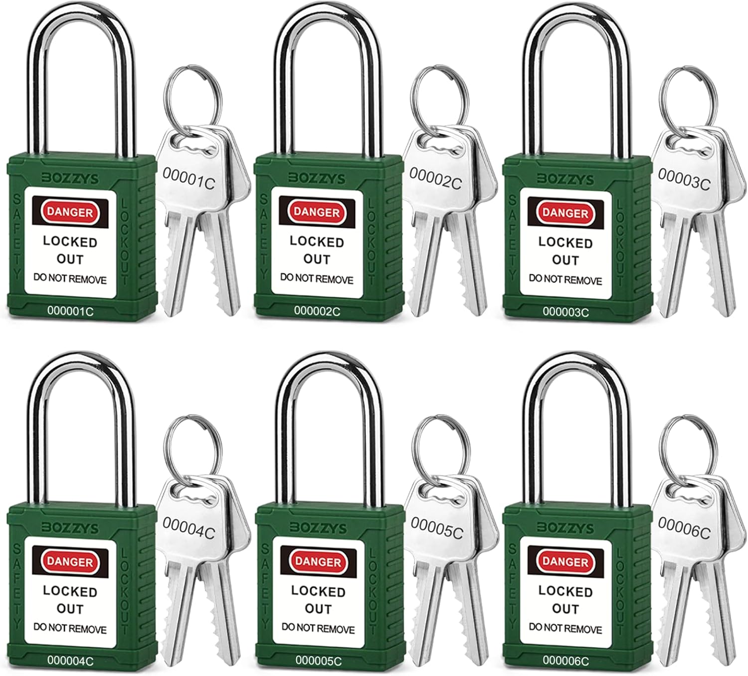 OSHA Compliant LOTO green safety padlocks with keys, plastic body, by BOZZYS Factory