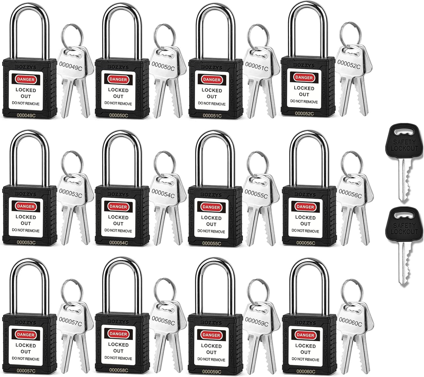 OSHA Compliant LOTO safety padlocks, black plastic, with keys, by BOZZYS Factory