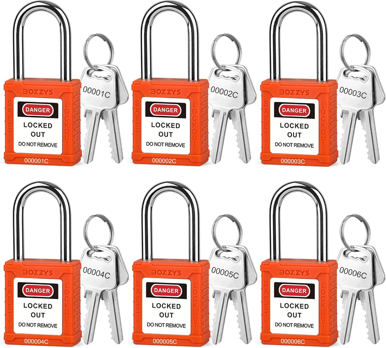 OSHA compliant LOTO safety padlocks, orange plastic body, steel shackle, by BOZZYS Factory