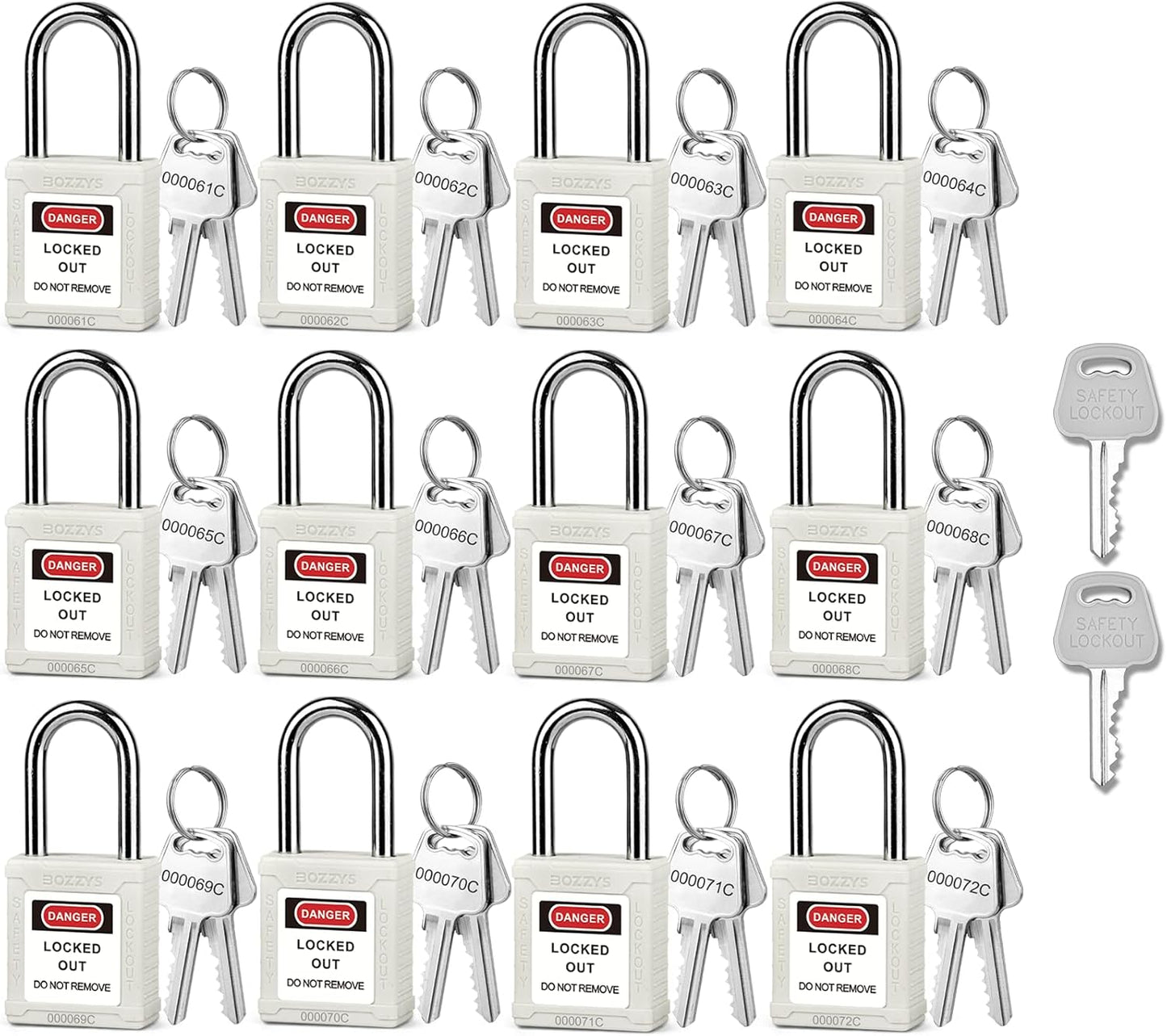 OSHA Compliant LOTO safety padlocks, white plastic body, with keys, by BOZZYS Factory