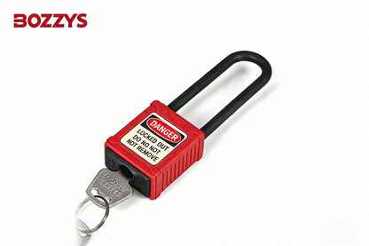 OSHA Compliant LOTO safety padlock, red plastic body with long black shackle and key, by BOZZYS Factory