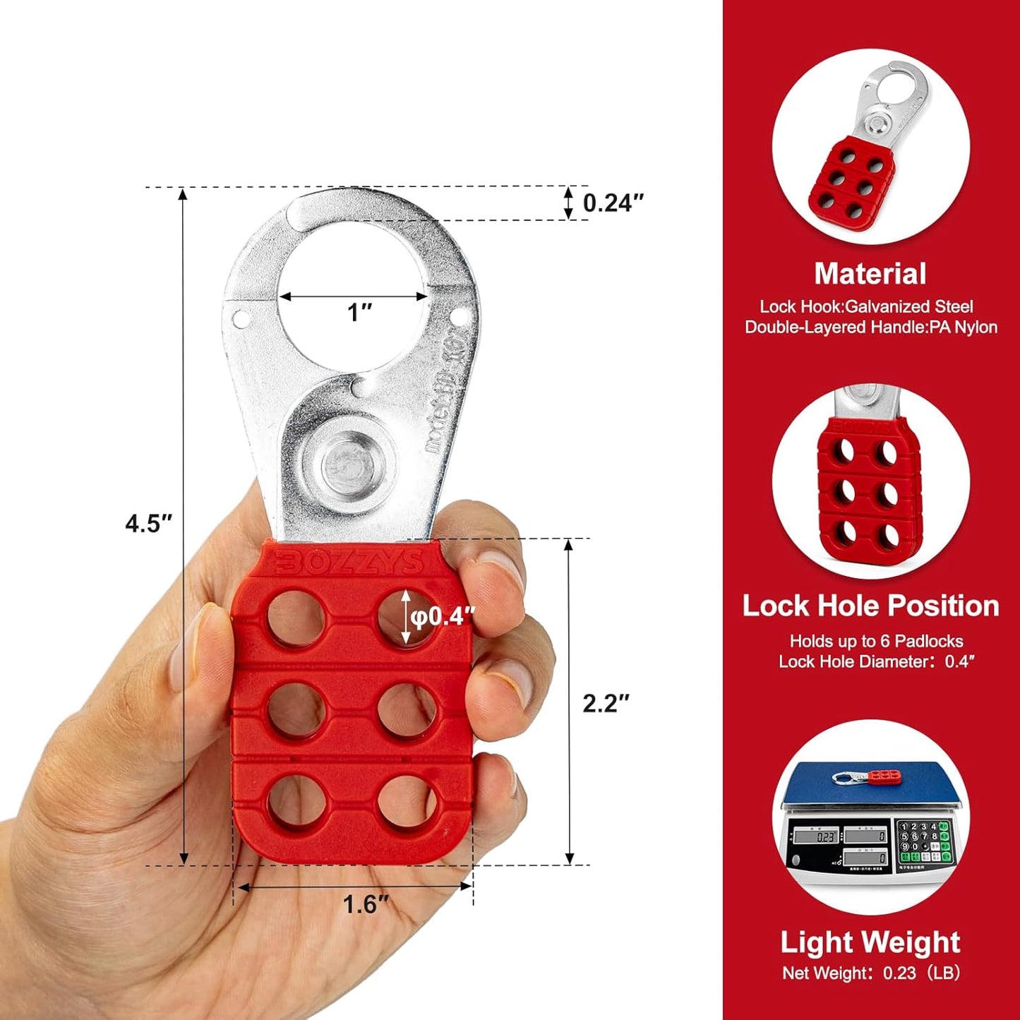 OSHA Compliant LOTO safety hasp, galvanized steel and red nylon, six-hole, by BOZZYS Factory