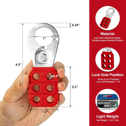 OSHA Compliant LOTO safety hasp, galvanized steel and red nylon, six-hole, by BOZZYS Factory
