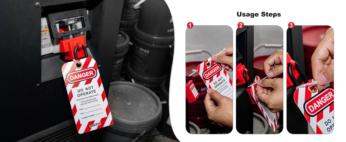 OSHA Compliant LOTO red safety padlock and tag, plastic, on electrical breaker, by BOZZYS Factory