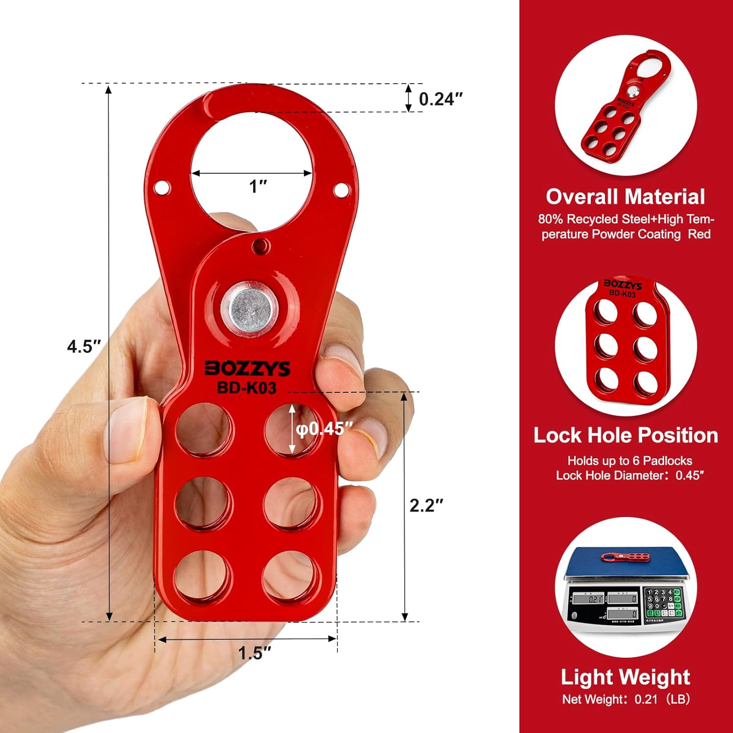 OSHA Compliant LOTO red steel lockout hasp with six holes, safety tagout device by BOZZYS Factory