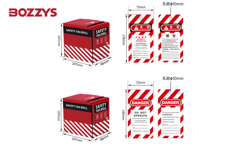 OSHA Compliant LOTO safety tag roll, red and white, plastic tags with warning text by BOZZYS Factory